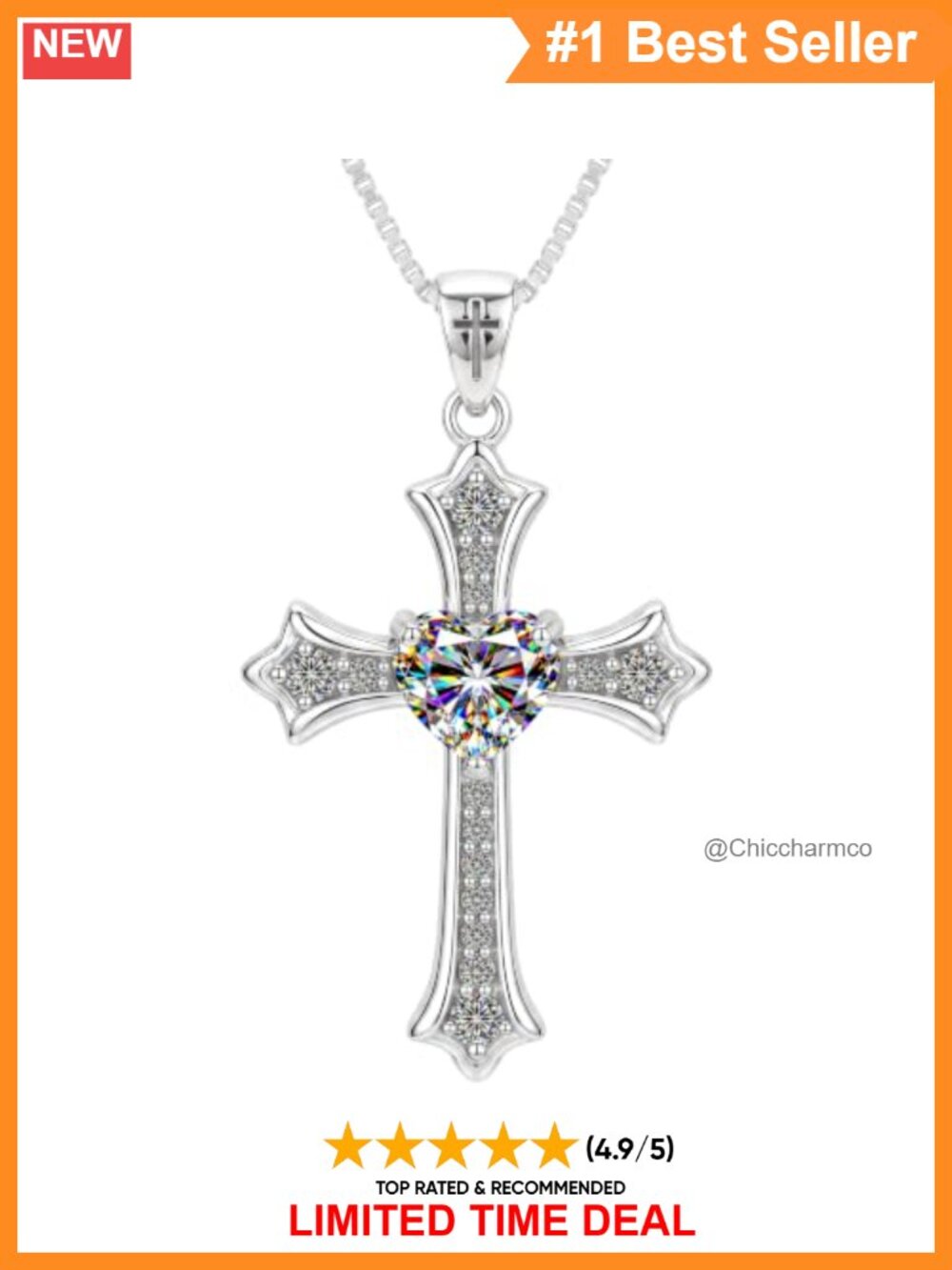 Moissanite Cross Necklace, 14K White Gold Plated S925 Silver, 1ct Heart Pendant